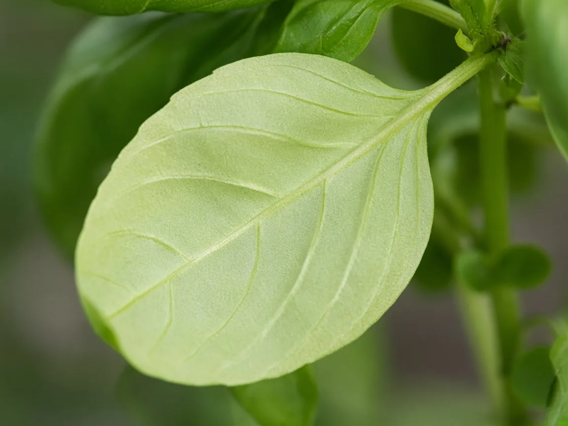 Close-up of pale leaves on basil - washed-out light green leaf surface