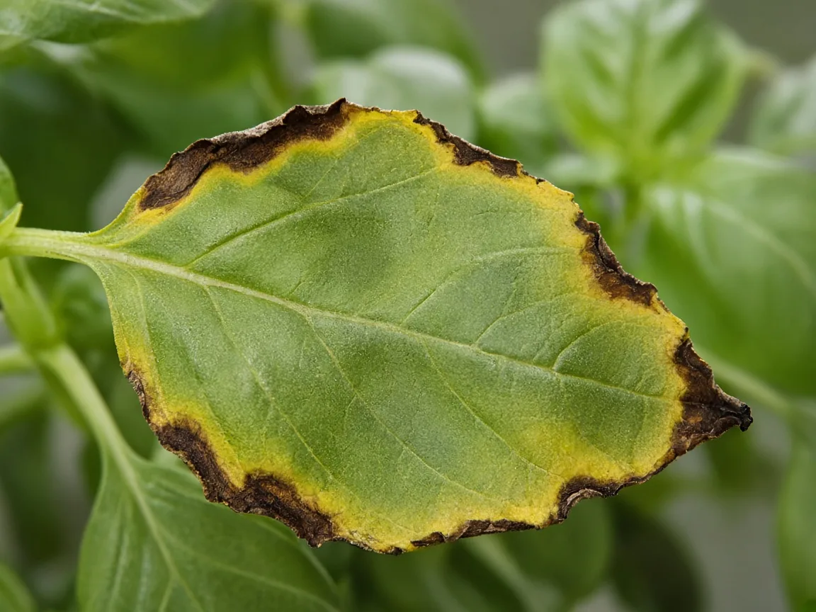 Close-up of potassium deficiency on basil - scorched leaf margins on older leaf