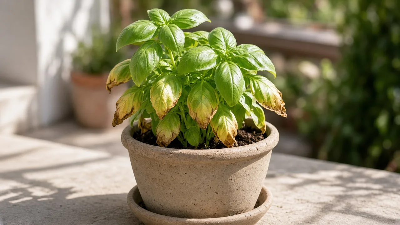 Potassium deficiency on basil - scorched margins on older lower leaves