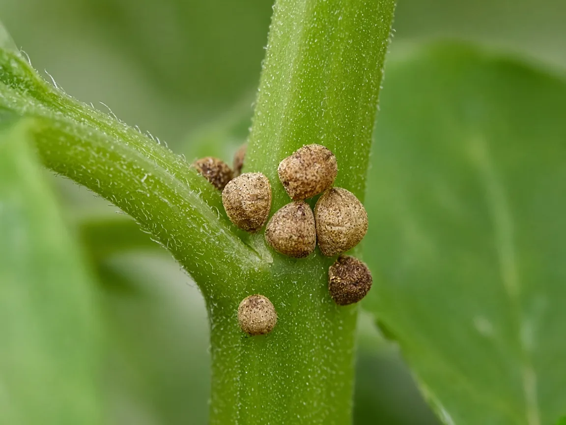Close-up of tan scale insect bumps on a basil stem at a leaf axil