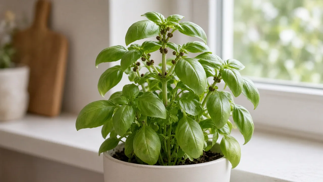 Scale insects on Basil - tan bumps on square stems near harvest tips