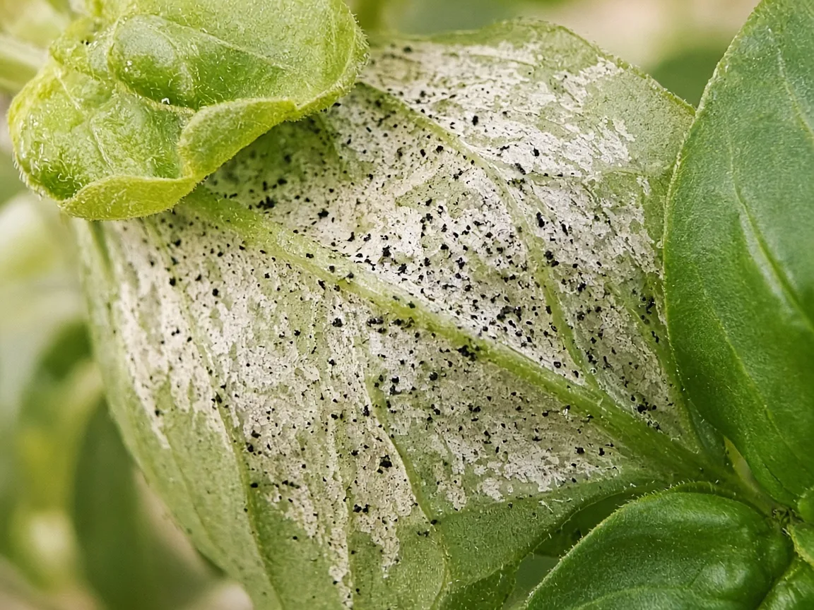 Close-up of thrips damage on Basil harvest leaves