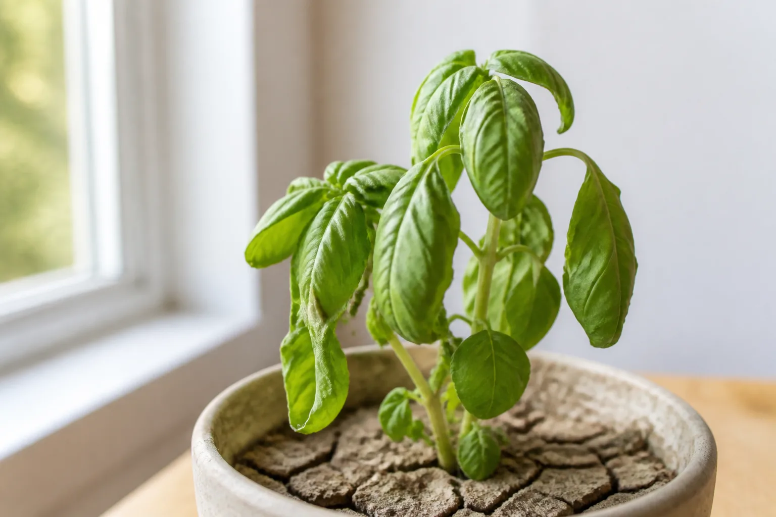 Underwatering on Basil - visible symptom on the plant