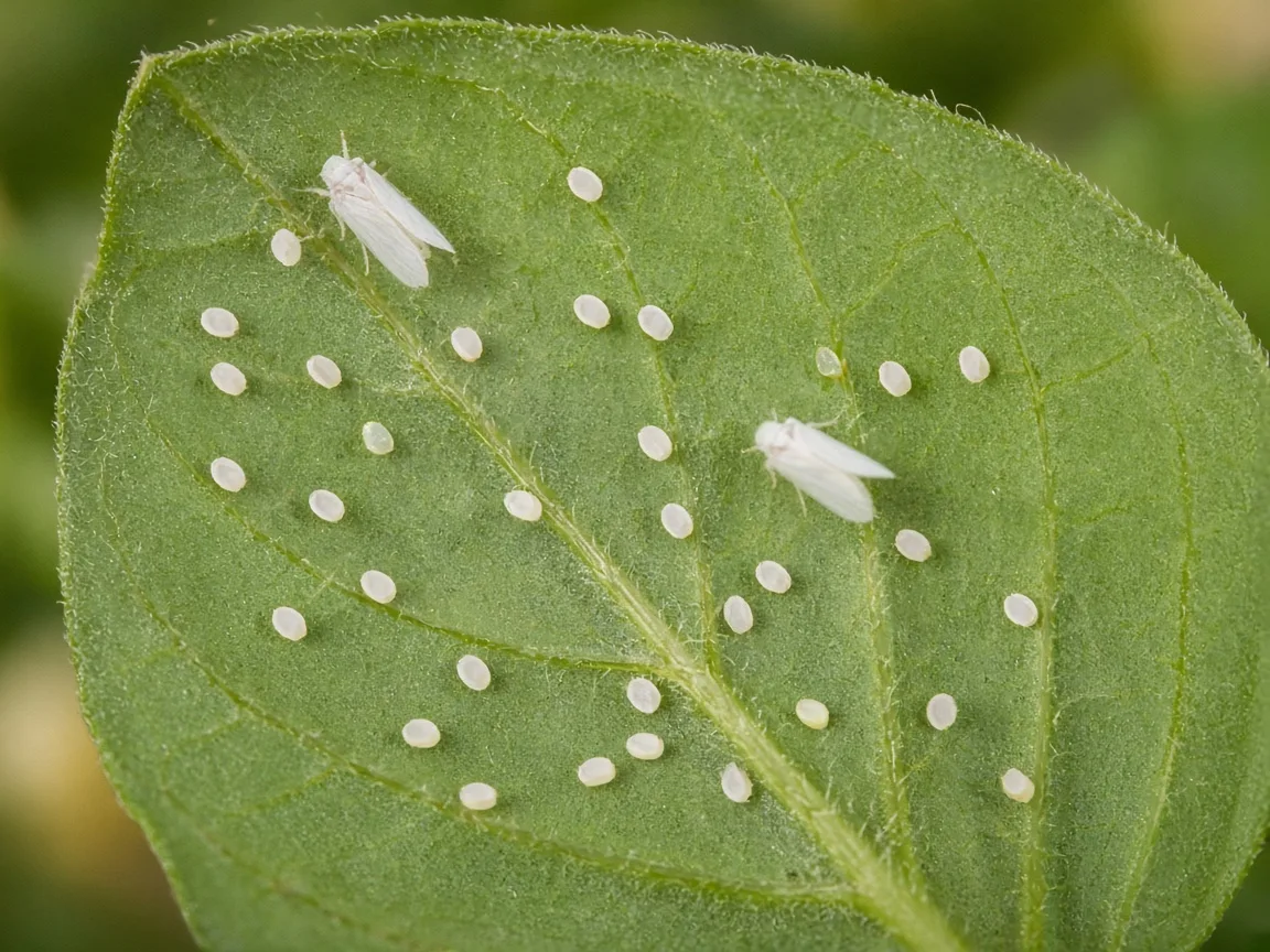 Close-up of whitefly nymph disks on the underside of a basil leaf