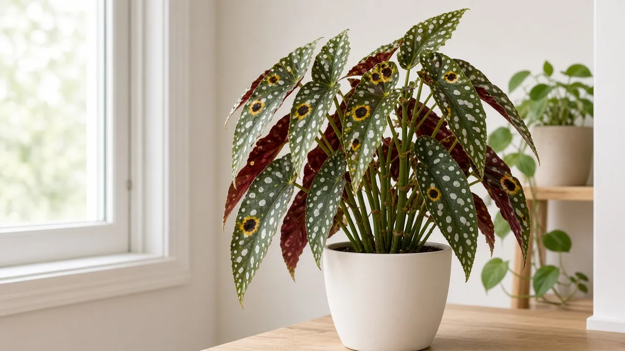 Black spots on Begonia Maculata - dark lesions on silver-spotted angel-wing leaves