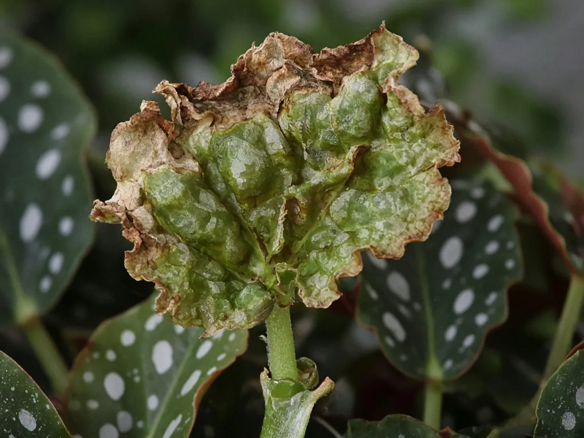 Close-up of calcium deficiency on begonia maculata - crinkled new angel-wing leaf at top