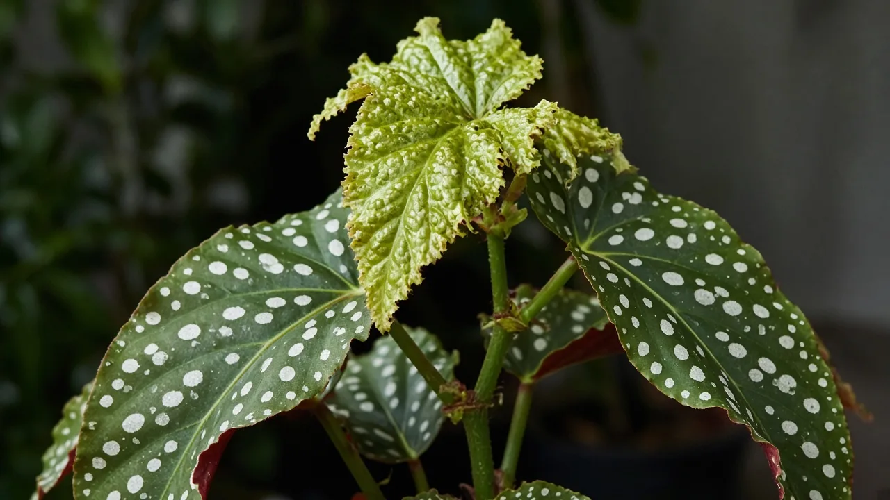Calcium deficiency on begonia maculata - distorted new angel-wing leaf at top