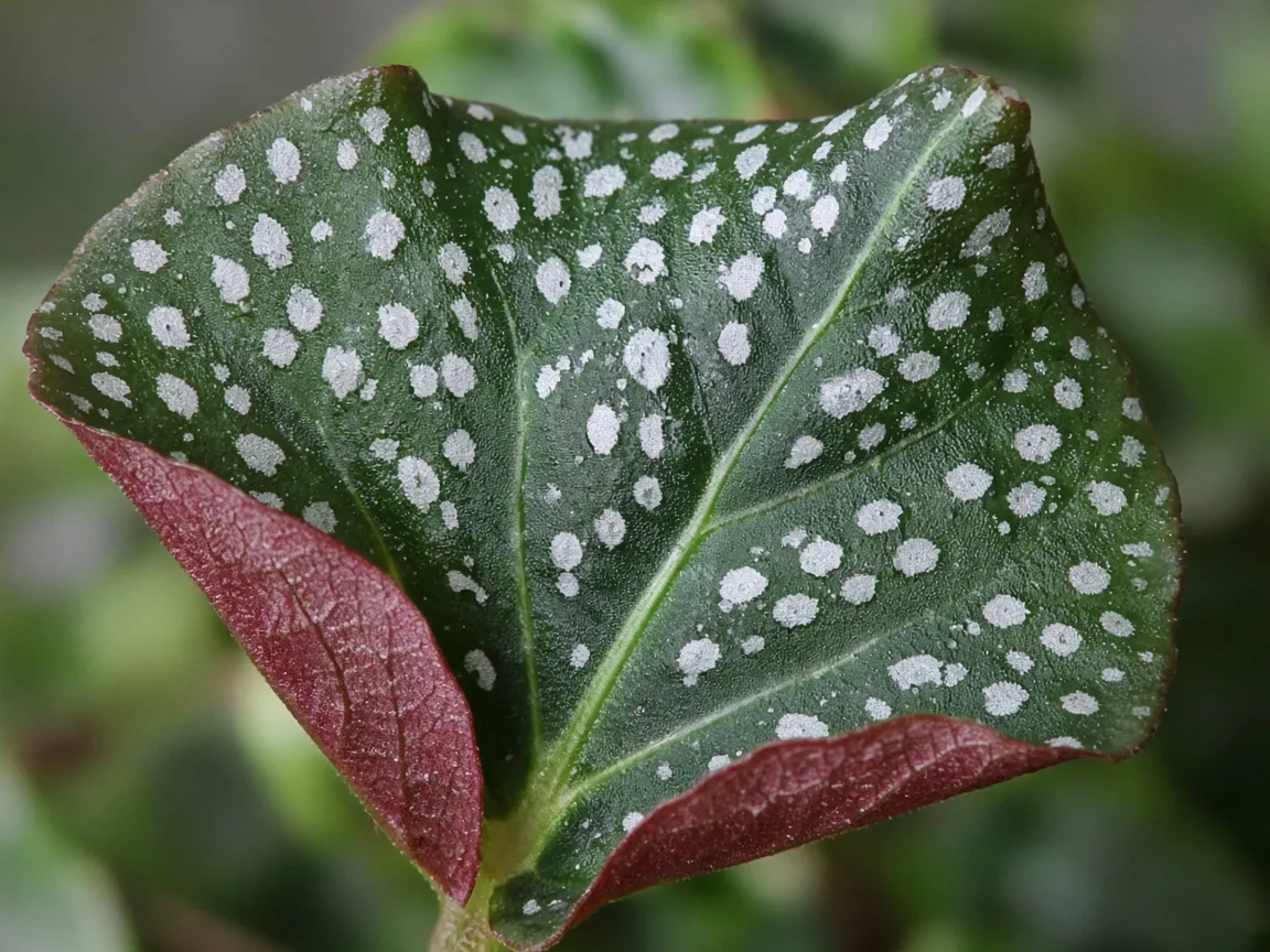 Close-up of curled cupped Begonia Maculata angel-wing leaf
