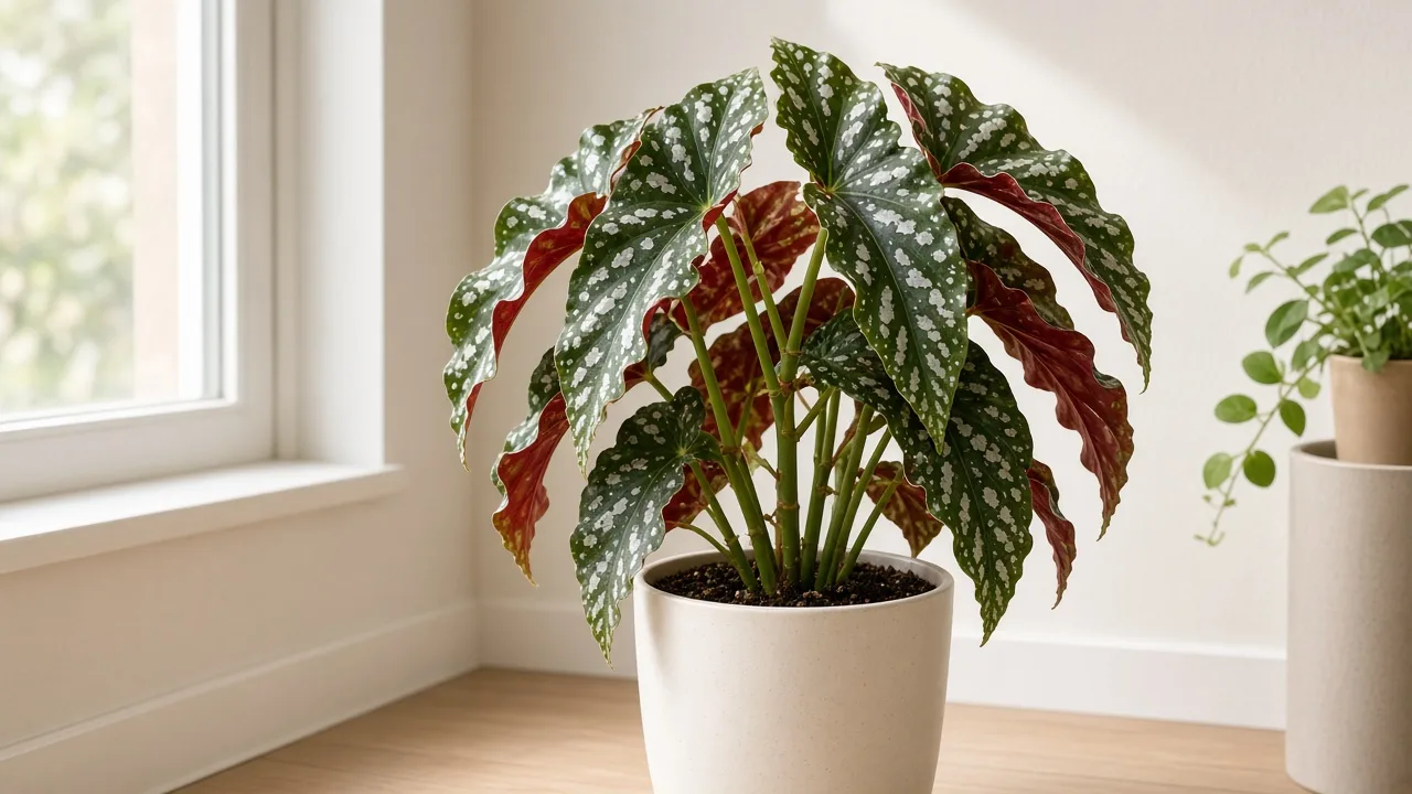 Curling Leaves on Begonia Maculata - cupped angel-wing foliage with silver spots