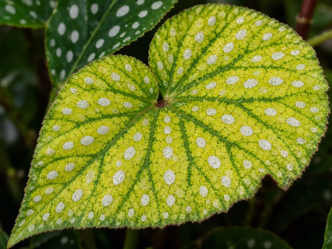 Close-up of magnesium deficiency on begonia maculata - interveinal chlorosis through silver spots