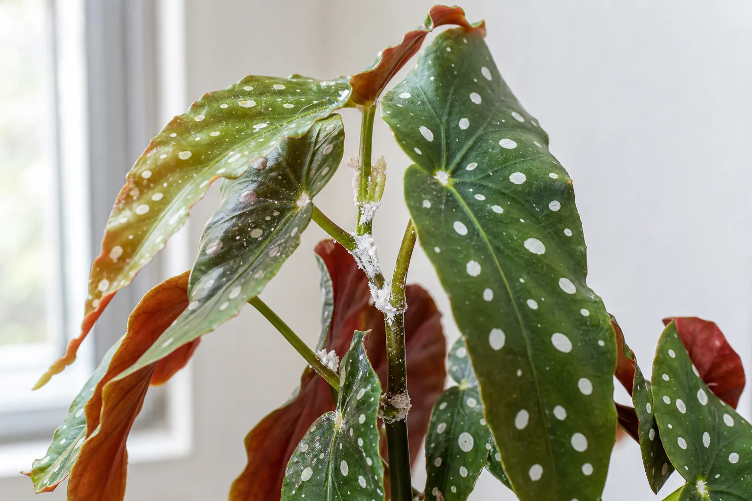 Mealybugs clustered on a houseplant stem and leaf axil