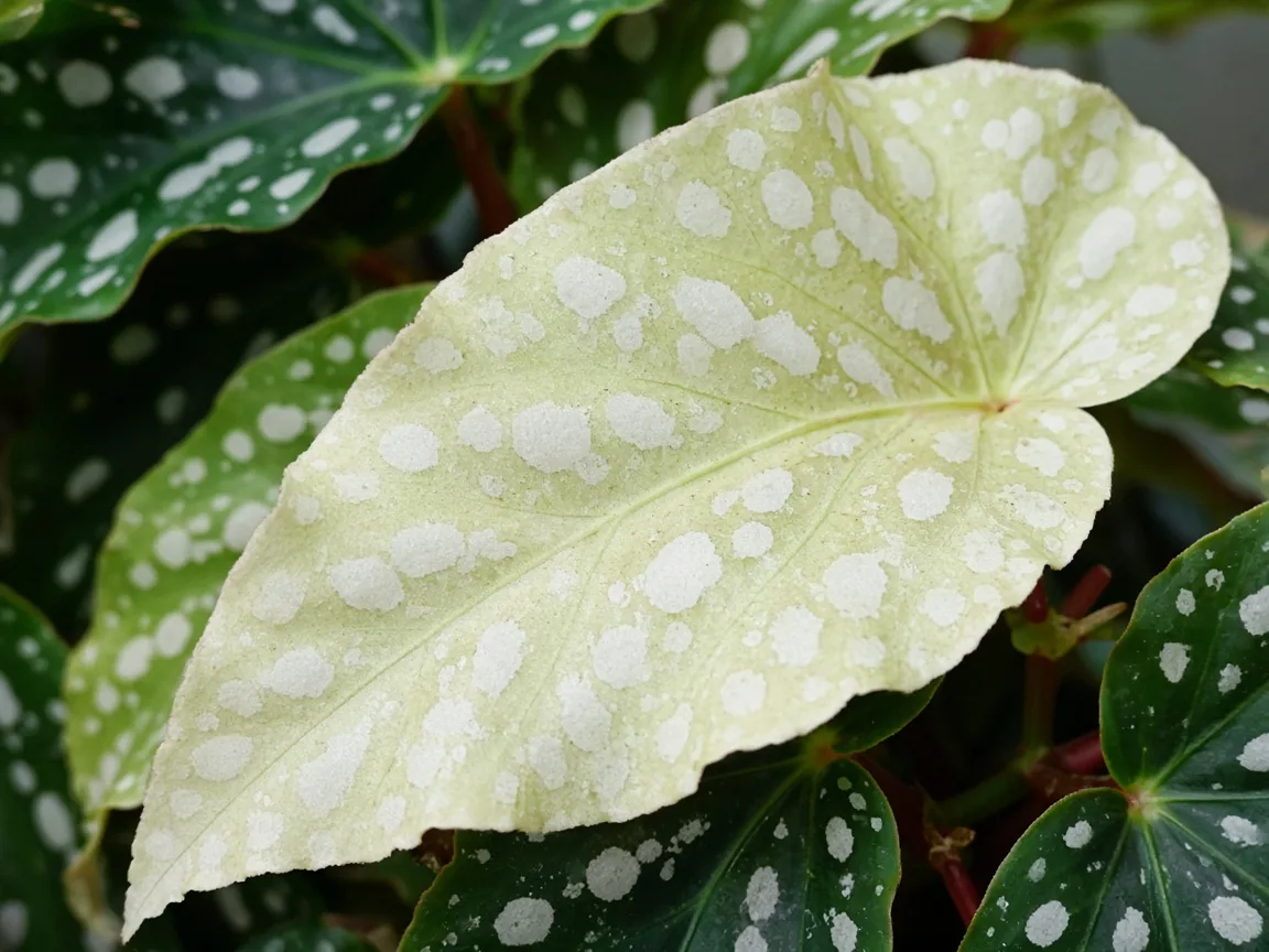 Close-up of nitrogen deficiency on begonia maculata - washed-out silver spots on pale lower leaf