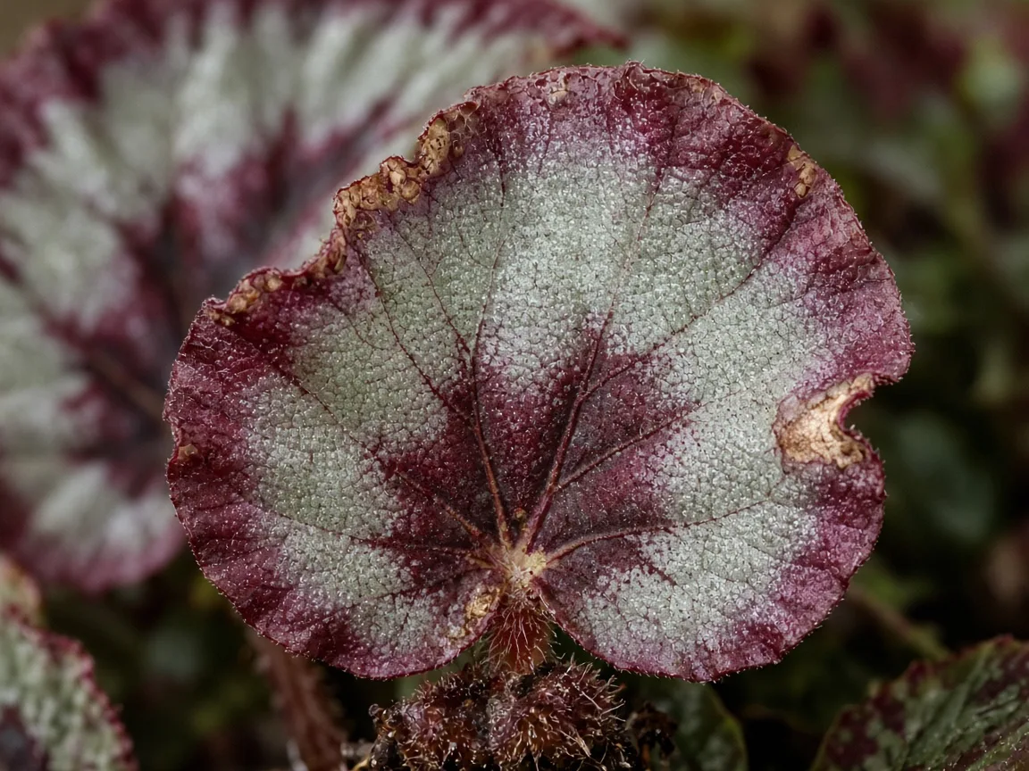 Close-up of cupped margin-burned new Begonia Rex painted leaf