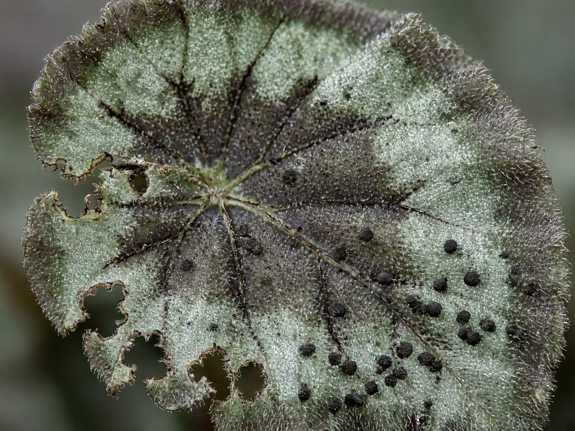 Close-up of caterpillar damage on Begonia Rex - ragged chew holes and frass on painted rex leaf