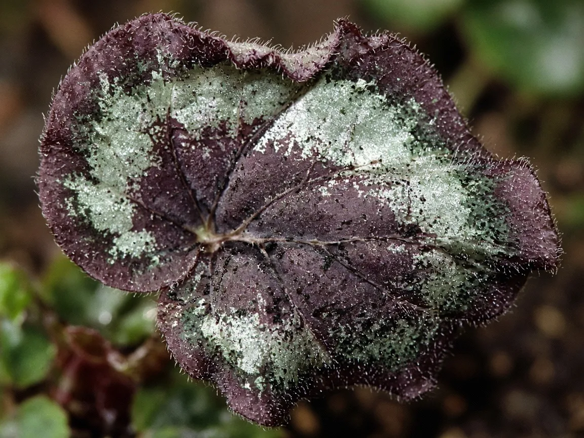 Close-up of distorted leaves on Begonia Rex - twisted puckered painted blade with silver streaks on unfurling new growth