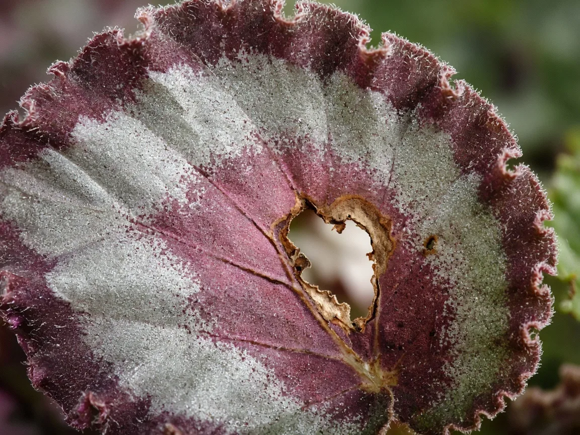 Close-up of hole with brown rim on Begonia Rex painted-texture leaf