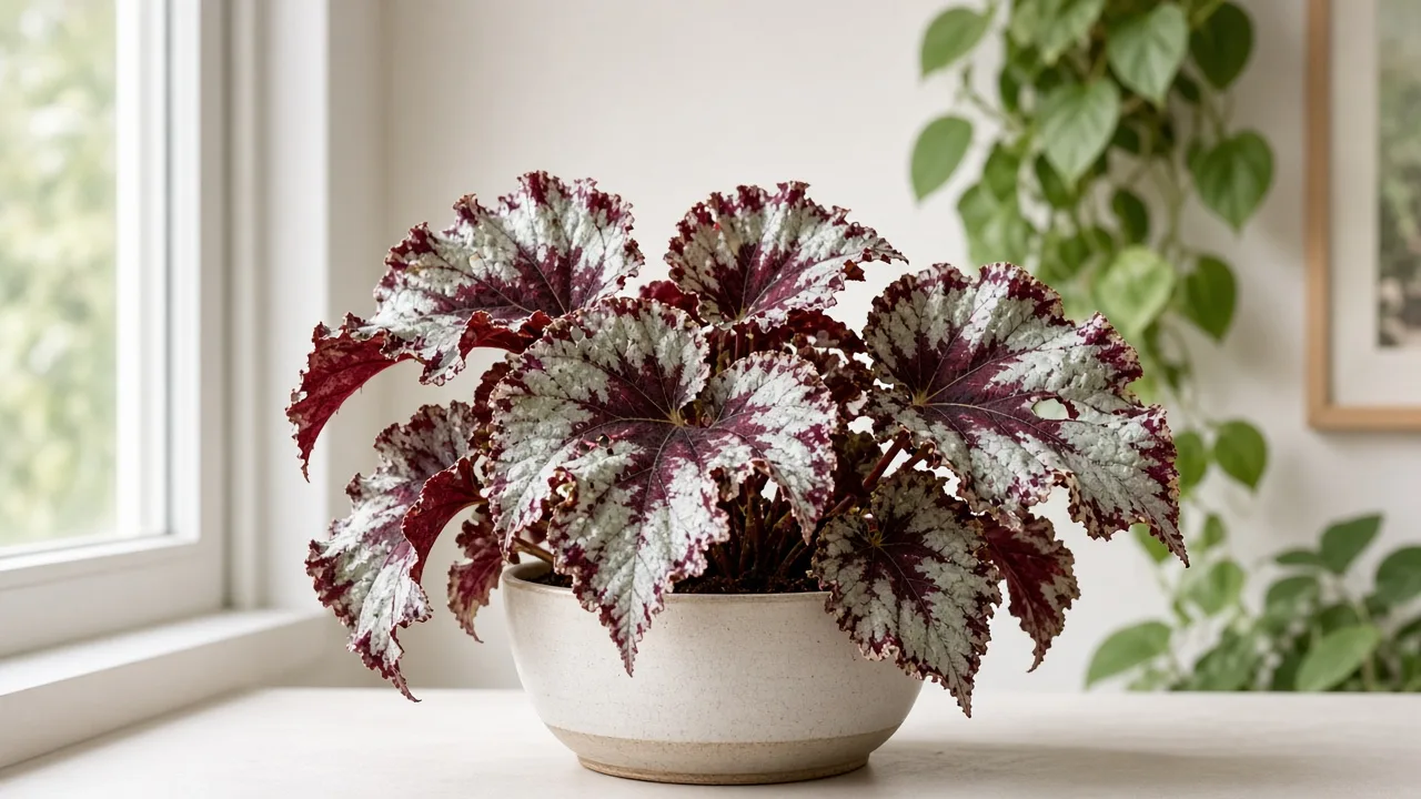 Holes in Leaves on Begonia Rex - torn painted-texture foliage with brown-rim holes on metallic blades