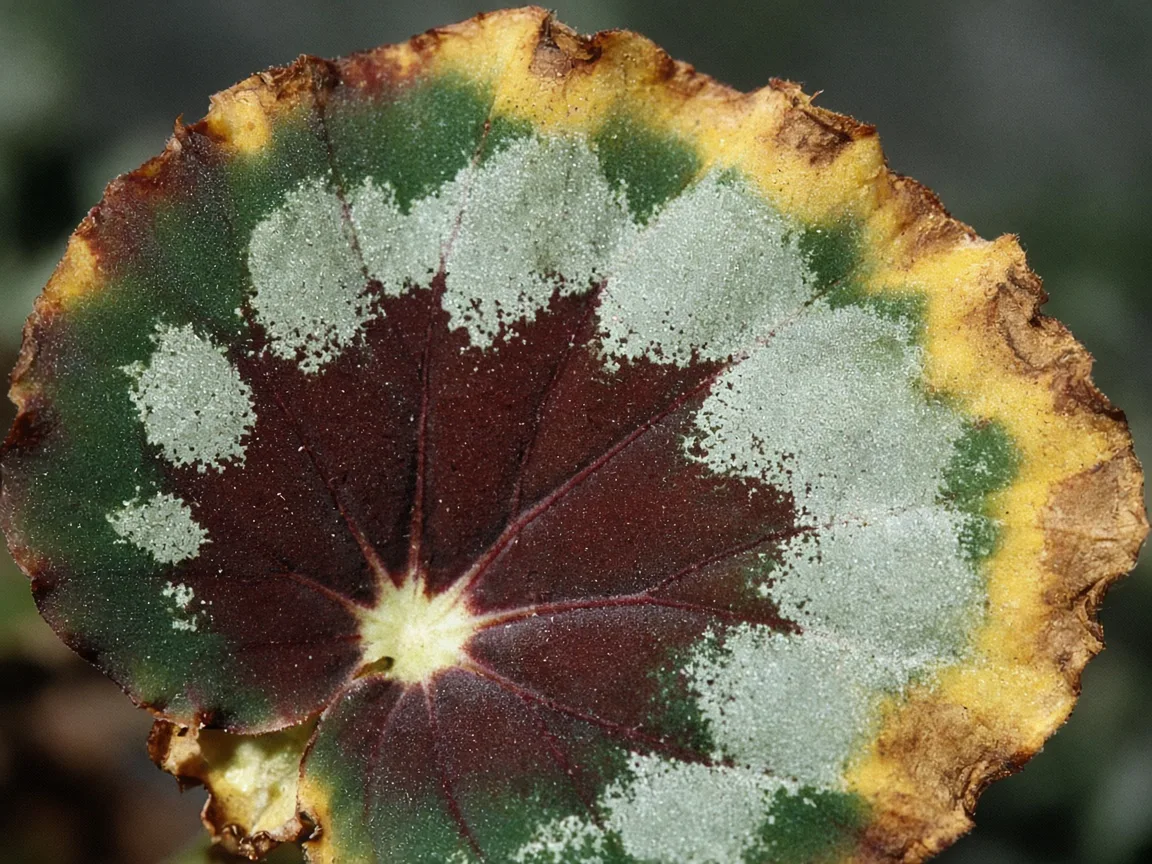 Close-up of potassium deficiency on Begonia Rex - scorched margin on painted rex leaf