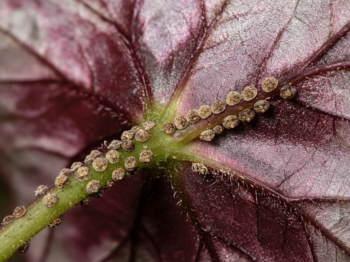 Close-up of tan scale insect bumps along the petiole base of a painted Begonia Rex leaf