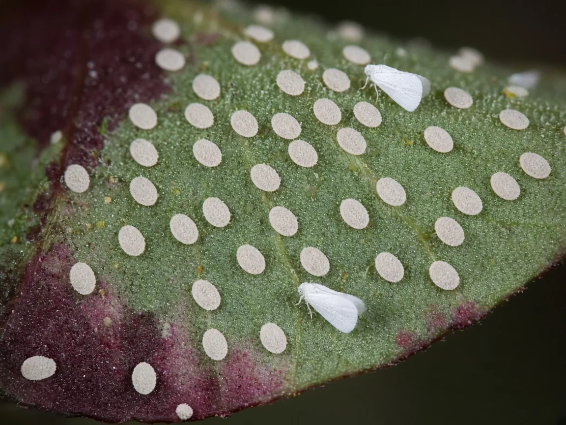 Close-up of whitefly nymph disks on the underside of a painted Begonia Rex leaf