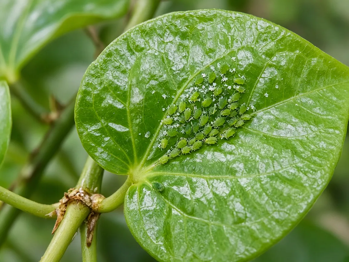 Close-up of aphids on Betel Leaf - diagnostic detail on vine tip and leaf axil