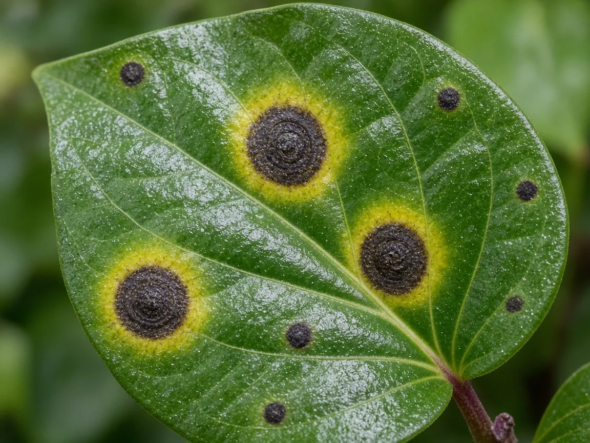 Close-up of black spot lesions on Betel Leaf - concentric rings with yellow halos