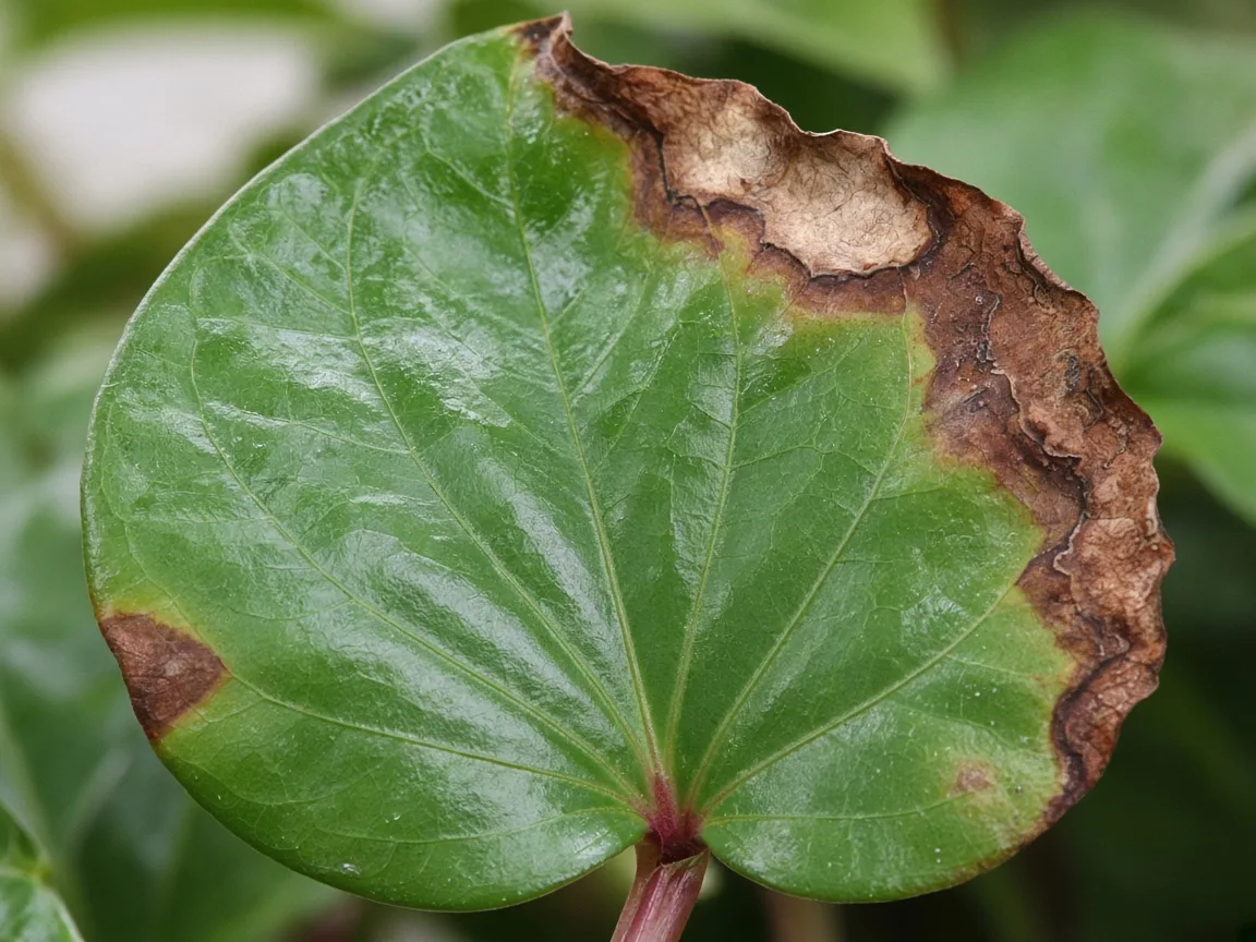 Close-up of brown necrotic margins on Betel Leaf heart-shaped blade