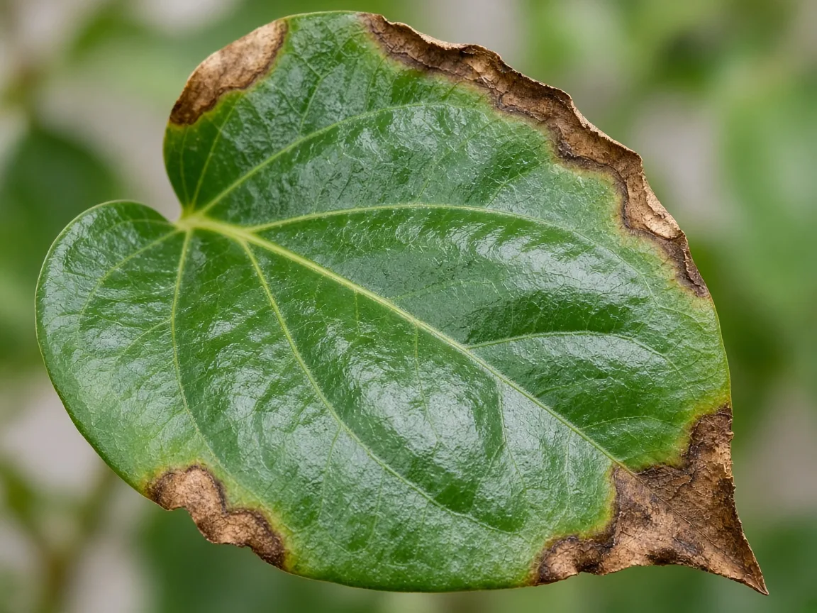 Close-up of brown tips on Betel Leaf heart-shaped leaves