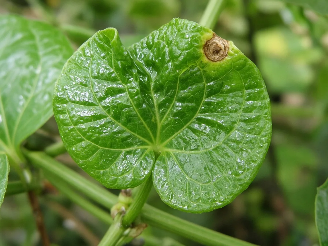 Close-up of calcium deficiency on Betel Leaf - cupped new heart-shaped leaf with brown tip at vine tip