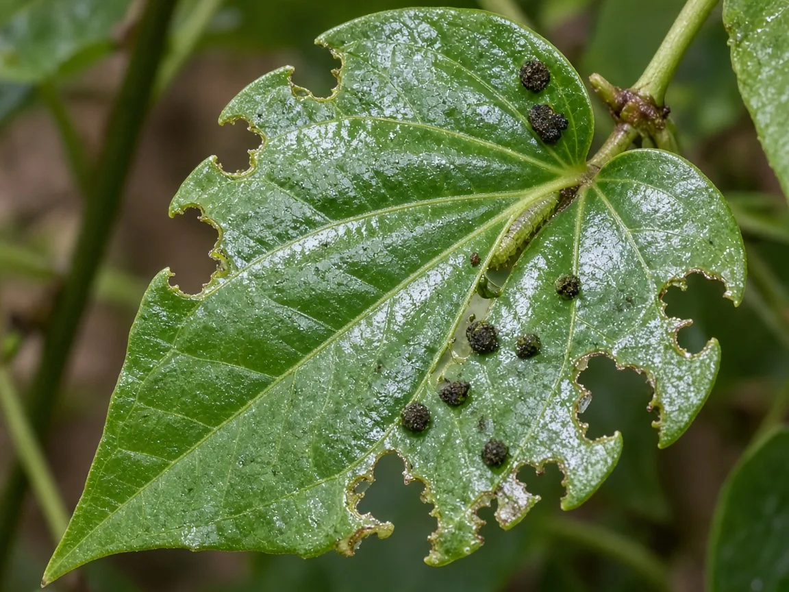 Close-up of caterpillar chew damage on Betel Leaf heart-shaped leaves