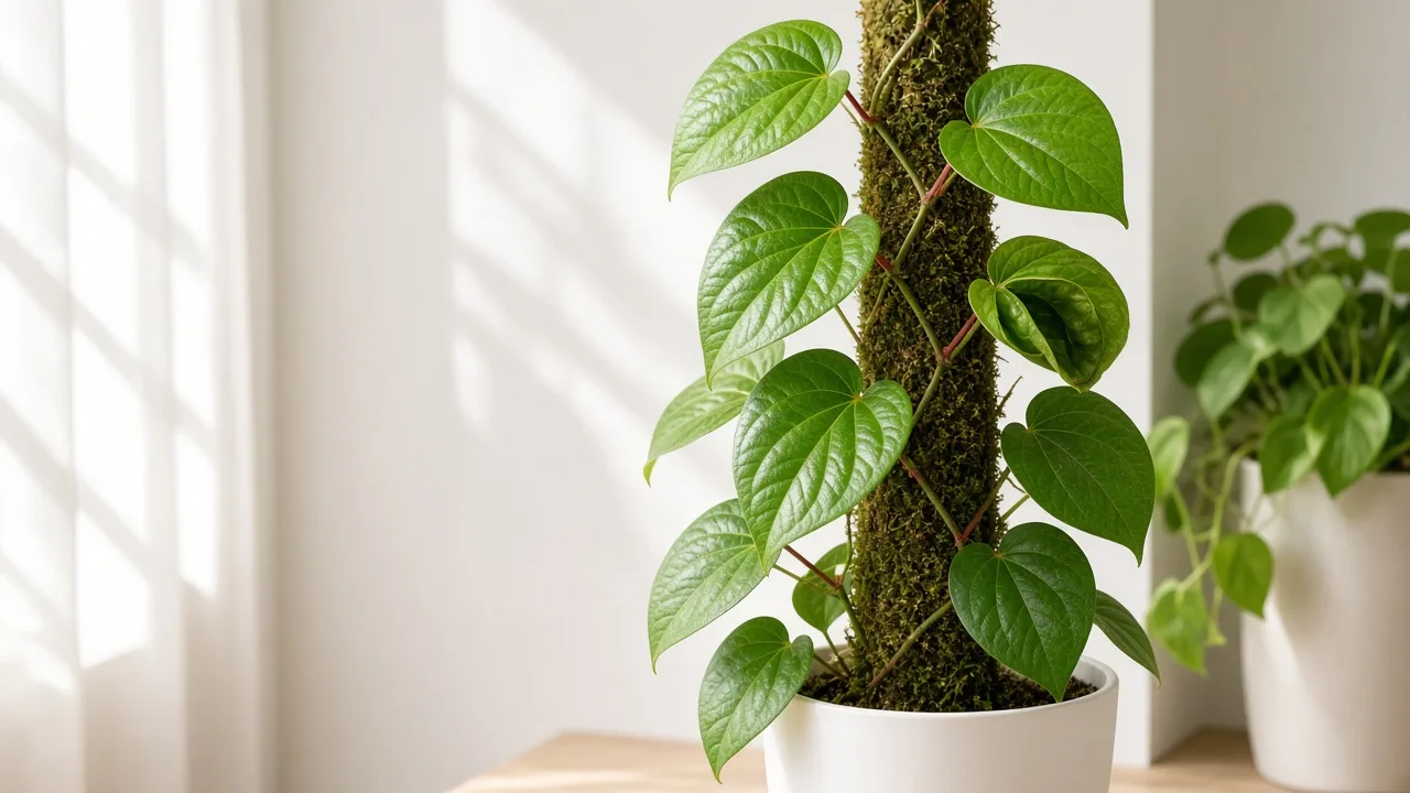 Curling leaves on Betel Leaf — inward-cupped glossy heart-shaped foliage on a supported vine
