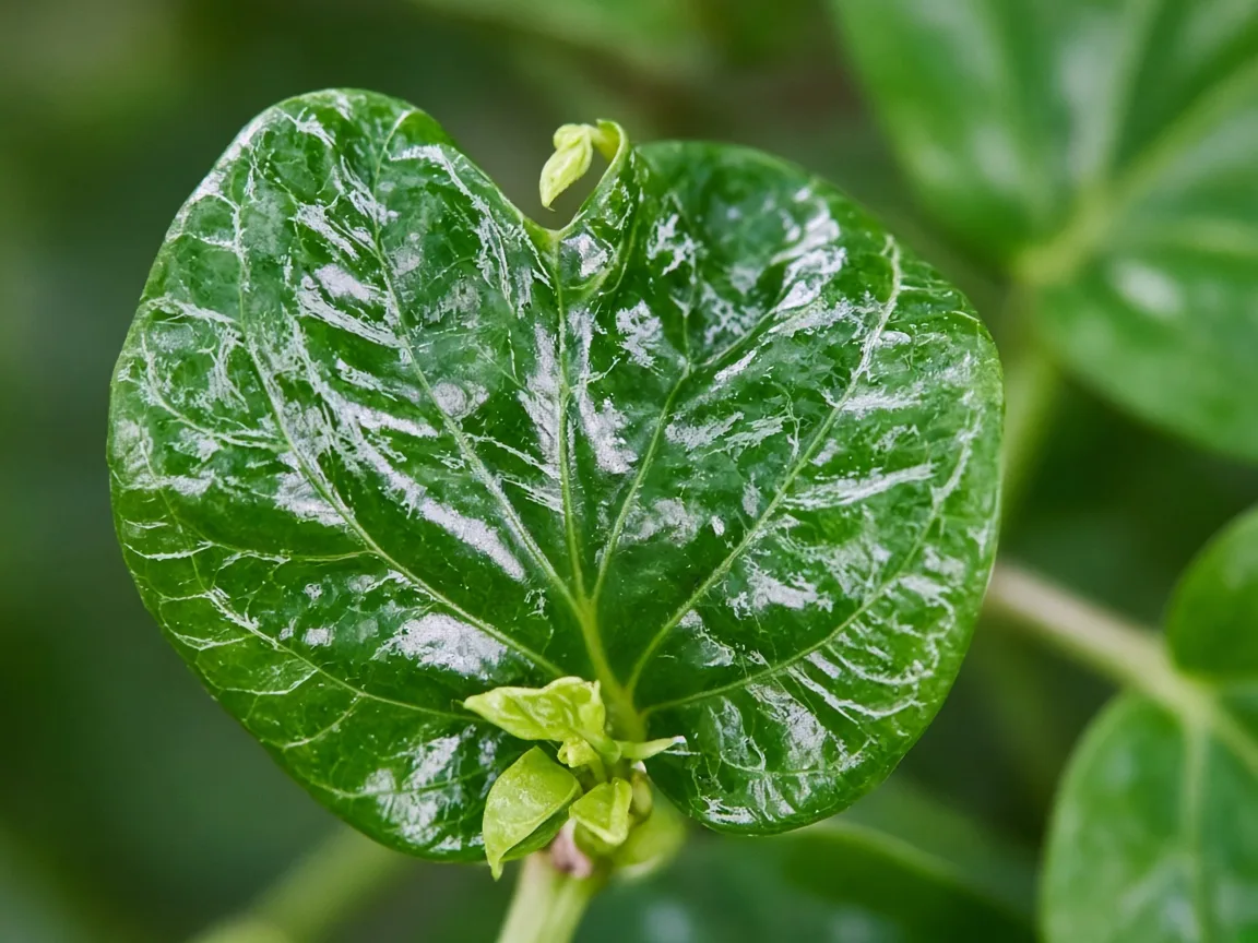Close-up of distorted leaves on Betel Leaf - twisted puckered heart blade with silver streaks at vine tip