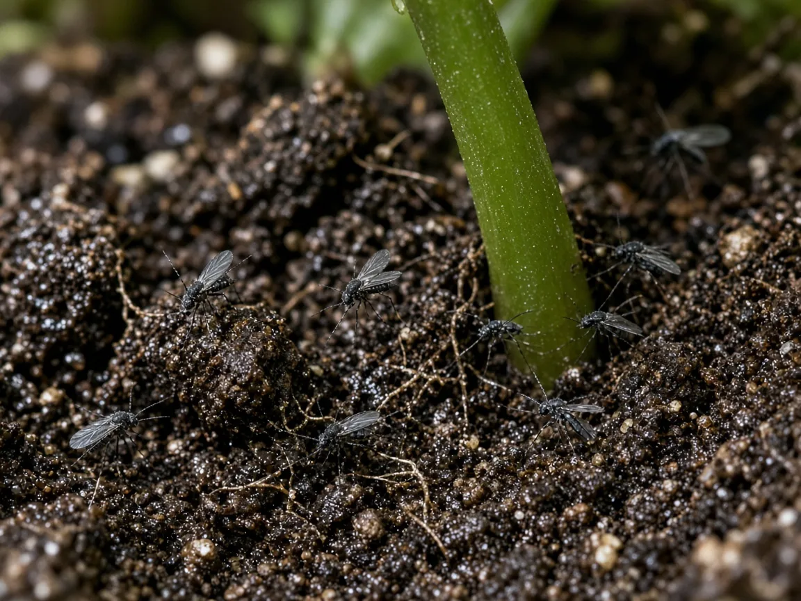 Close-up of fungus gnats on damp potting mix at the base of a Betel Leaf vine