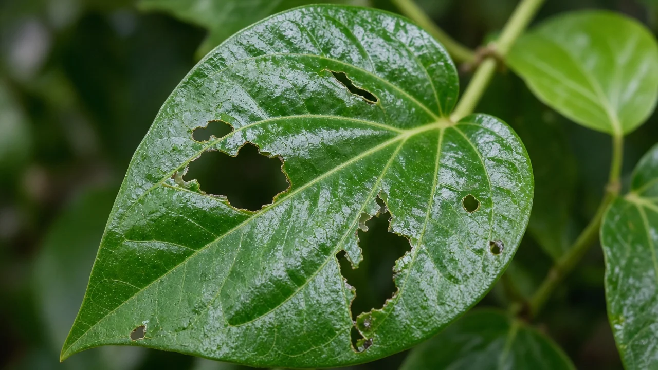 Close-up of holes in leaves on Betel Leaf - irregular chew through a glossy heart-shaped blade