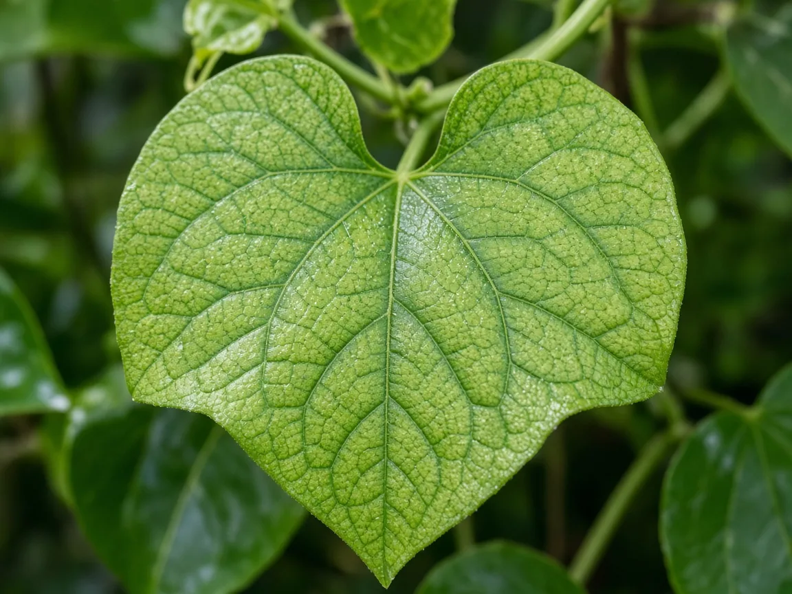 Close-up of interveinal chlorosis on new Betel Leaf heart-shaped leaf at vine tip