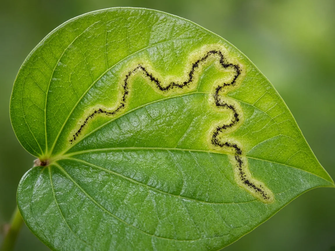 Close-up of leaf miner serpentine tunnel inside a glossy Betel Leaf heart-shaped blade