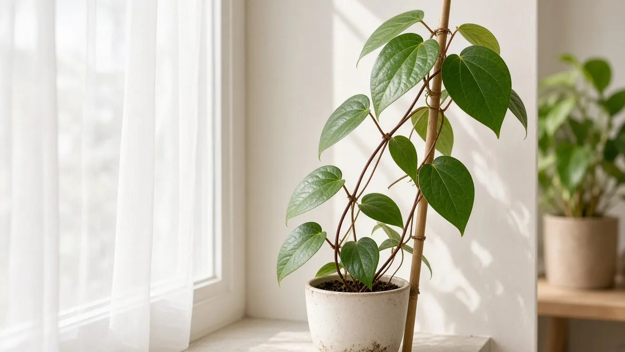 Leggy growth on Betel Leaf - thin paan vine with long bare stem gaps and small heart-shaped leaves leaning toward a window