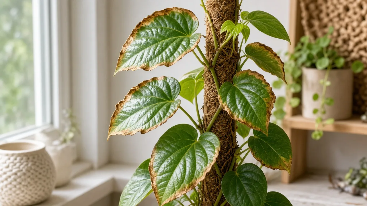 Low humidity on Betel Leaf - brown crispy margins on glossy heart-shaped paan vine leaves