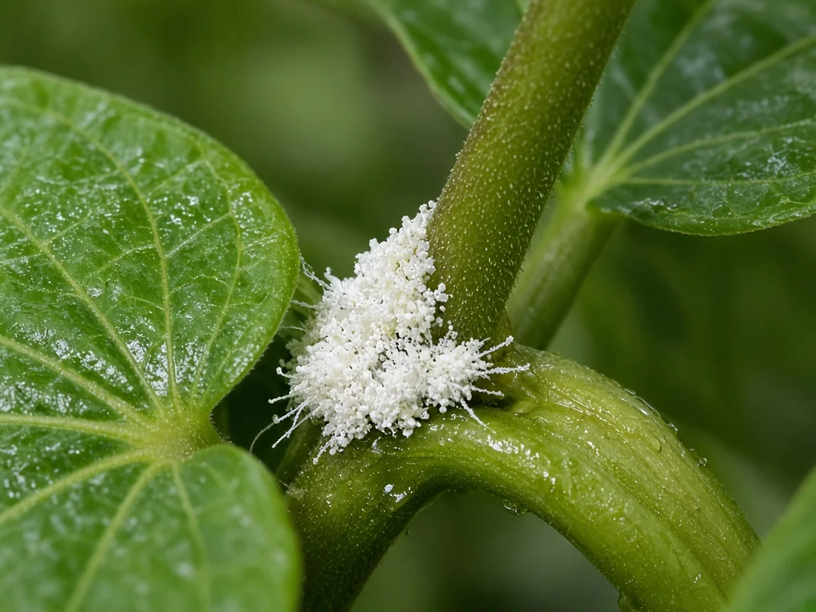 Close-up of mealybugs on Betel Leaf - white cottony clusters in a leaf axil along the vine