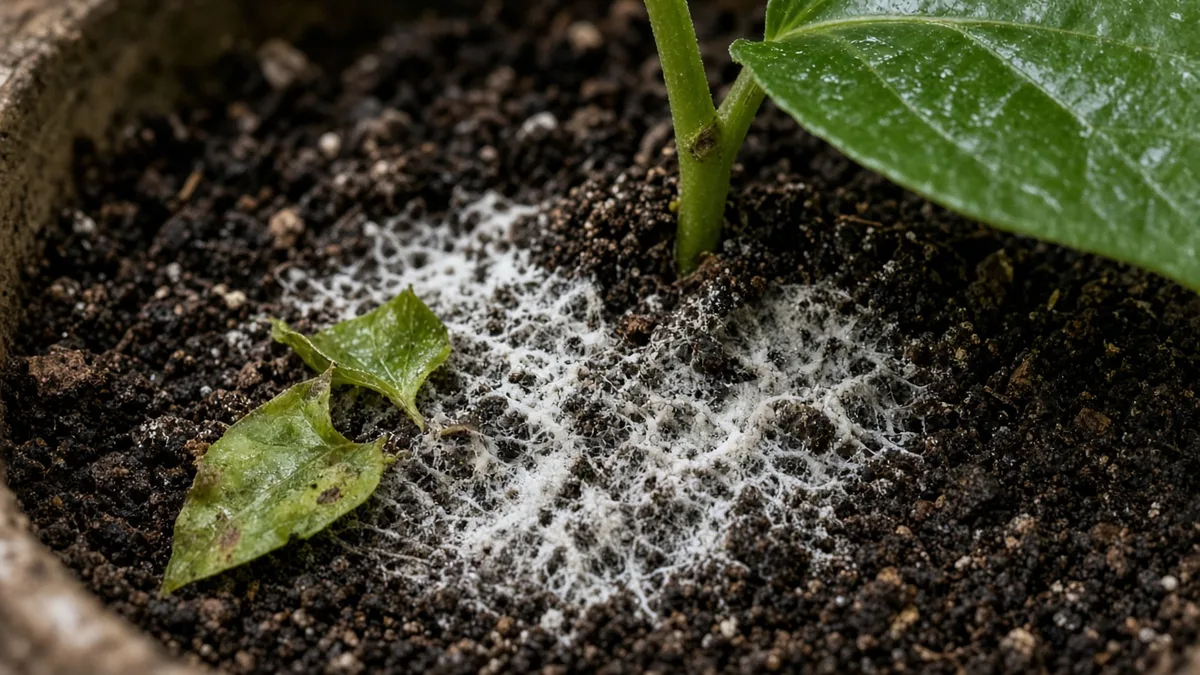Close-up of mold on soil on Betel Leaf - white fuzzy mycelium on damp compost-rich mix at the vine base