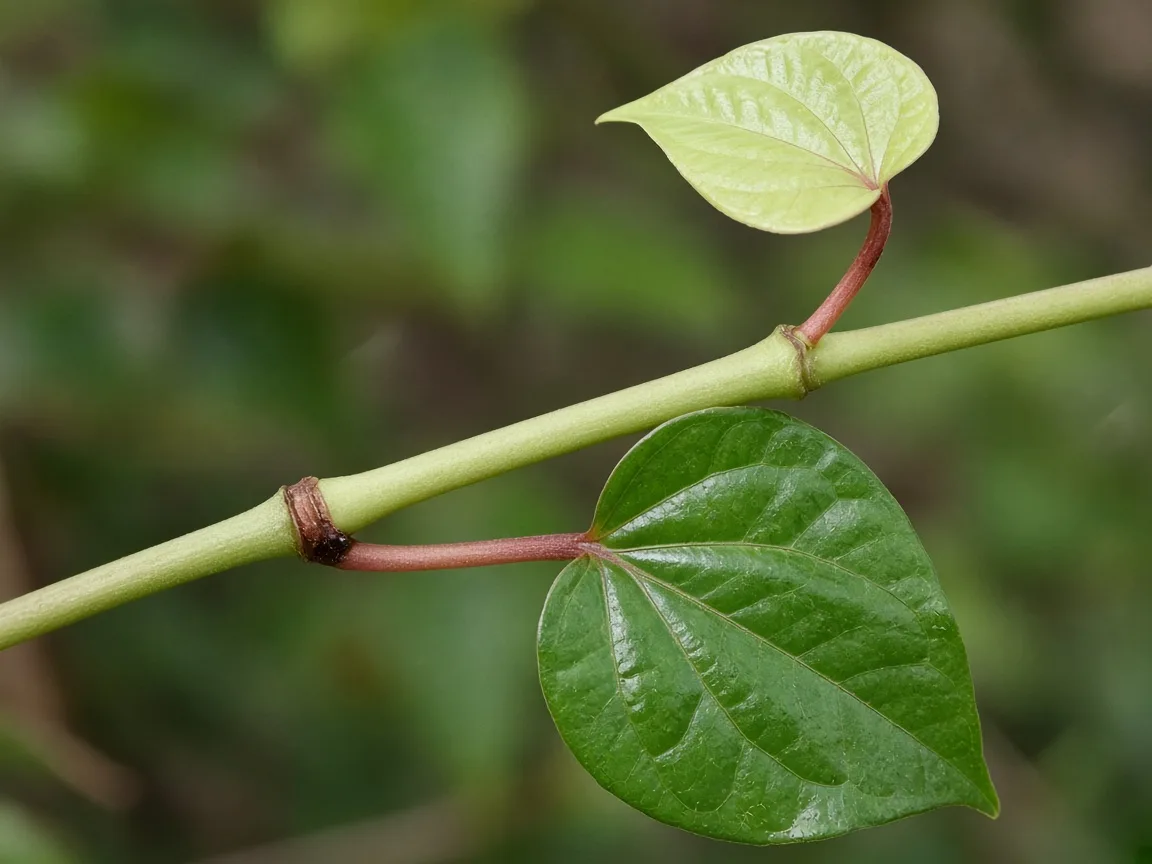 Close-up of not enough light on Betel Leaf — elongated internode and small pale heart-shaped leaf on a reddish stem
