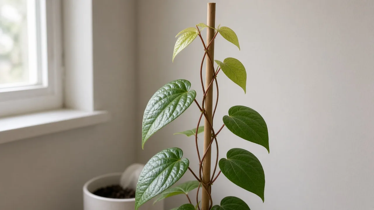 Not enough light on Betel Leaf — pale stretched paan vine with long internodes leaning toward a dim window