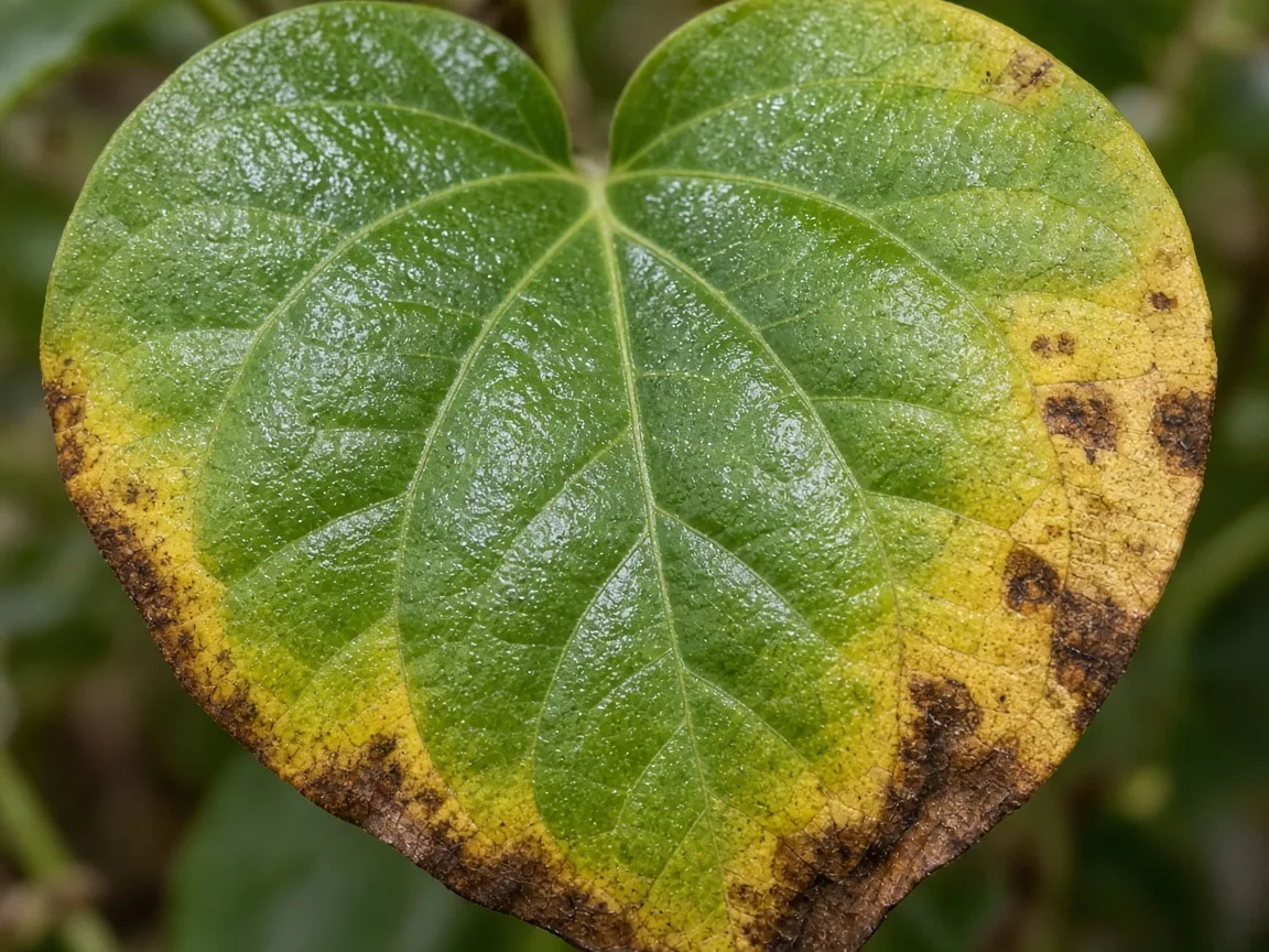 Close-up of potassium deficiency on Betel Leaf - scorched yellow margin on older heart-shaped leaf