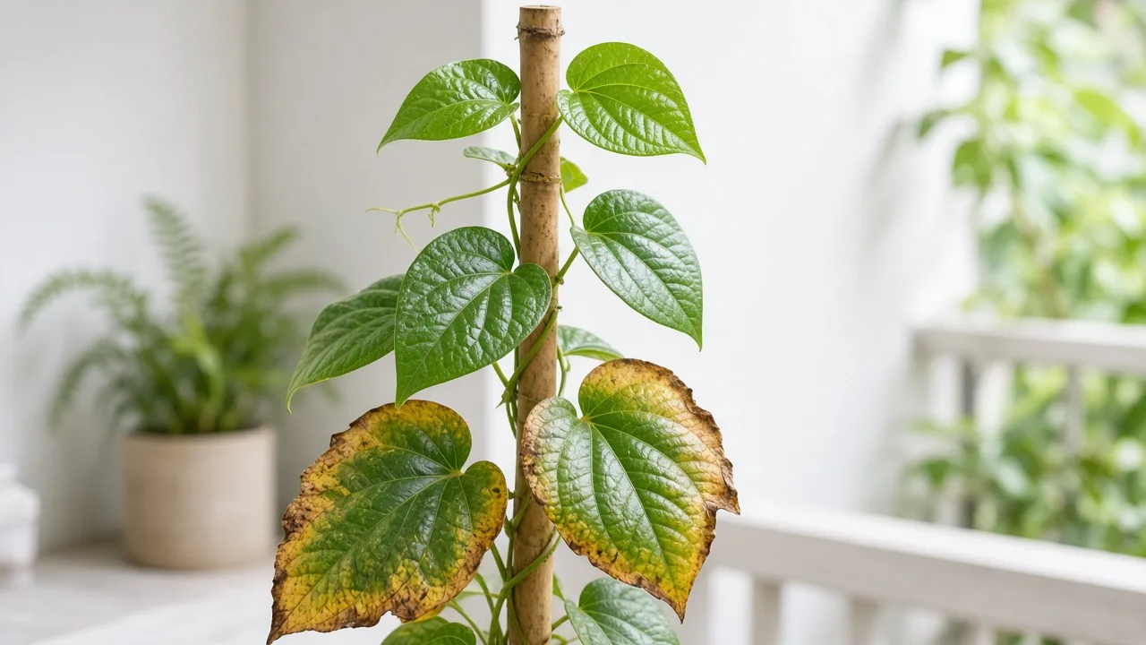 Potassium deficiency on Betel Leaf - scorched yellow margins on older heart-shaped paan vine leaves