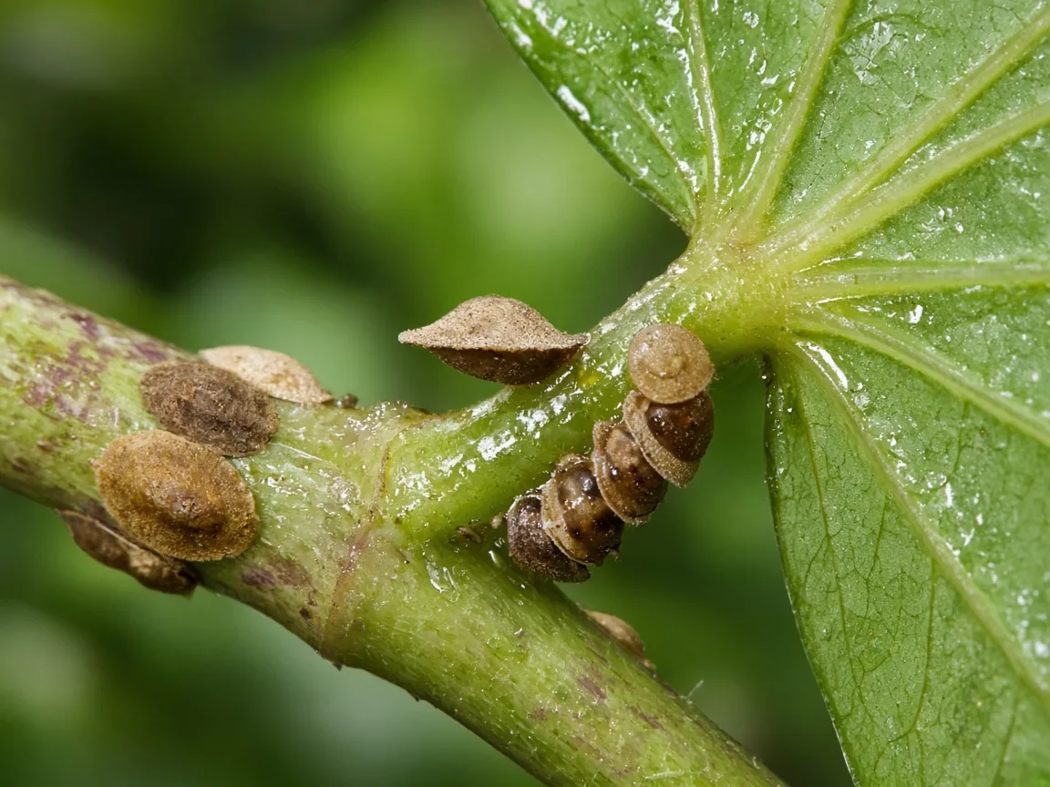 Close-up of scale insect shells on Betel Leaf vine nodes and leaf axils