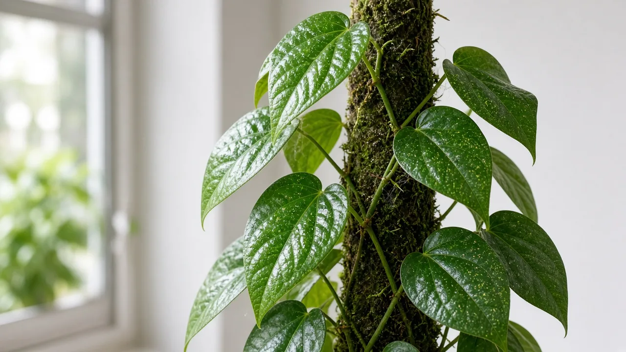 Spider mites on Betel Leaf - stippled glossy heart-shaped leaves on a climbing paan vine
