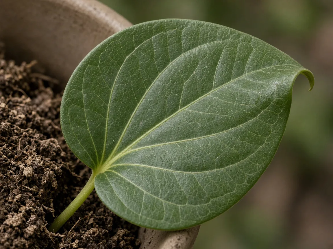 Close-up of underwatering on Betel Leaf - dull limp heart-shaped leaf and dry mix at pot edge