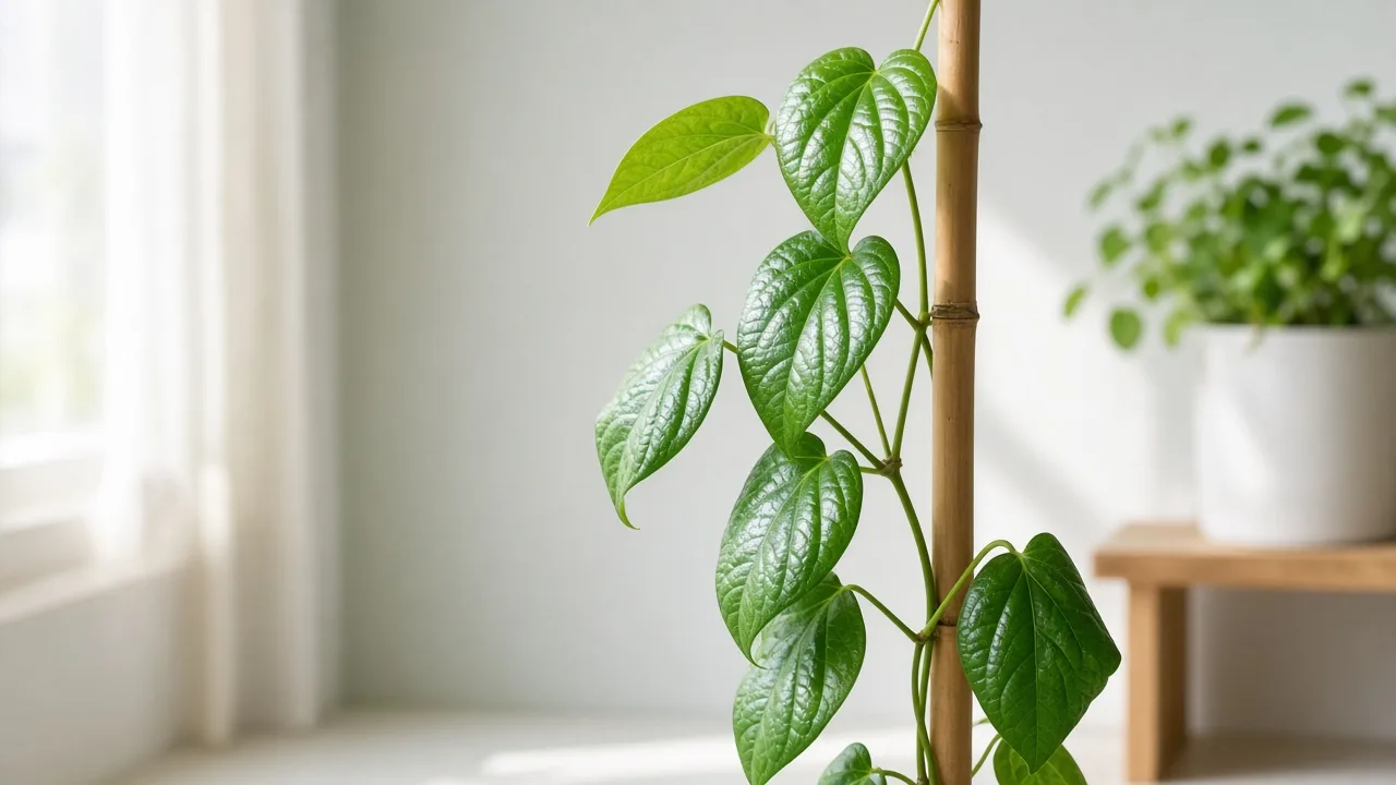Wilting on Betel Leaf - supported paan vine with limp heart-shaped leaves collapsing along the stem