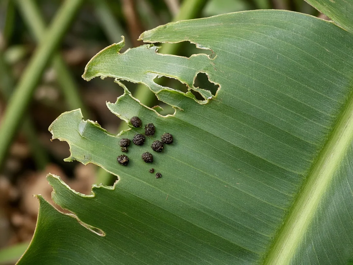 Close-up of caterpillar chew damage on Bird of Paradise paddle leaves