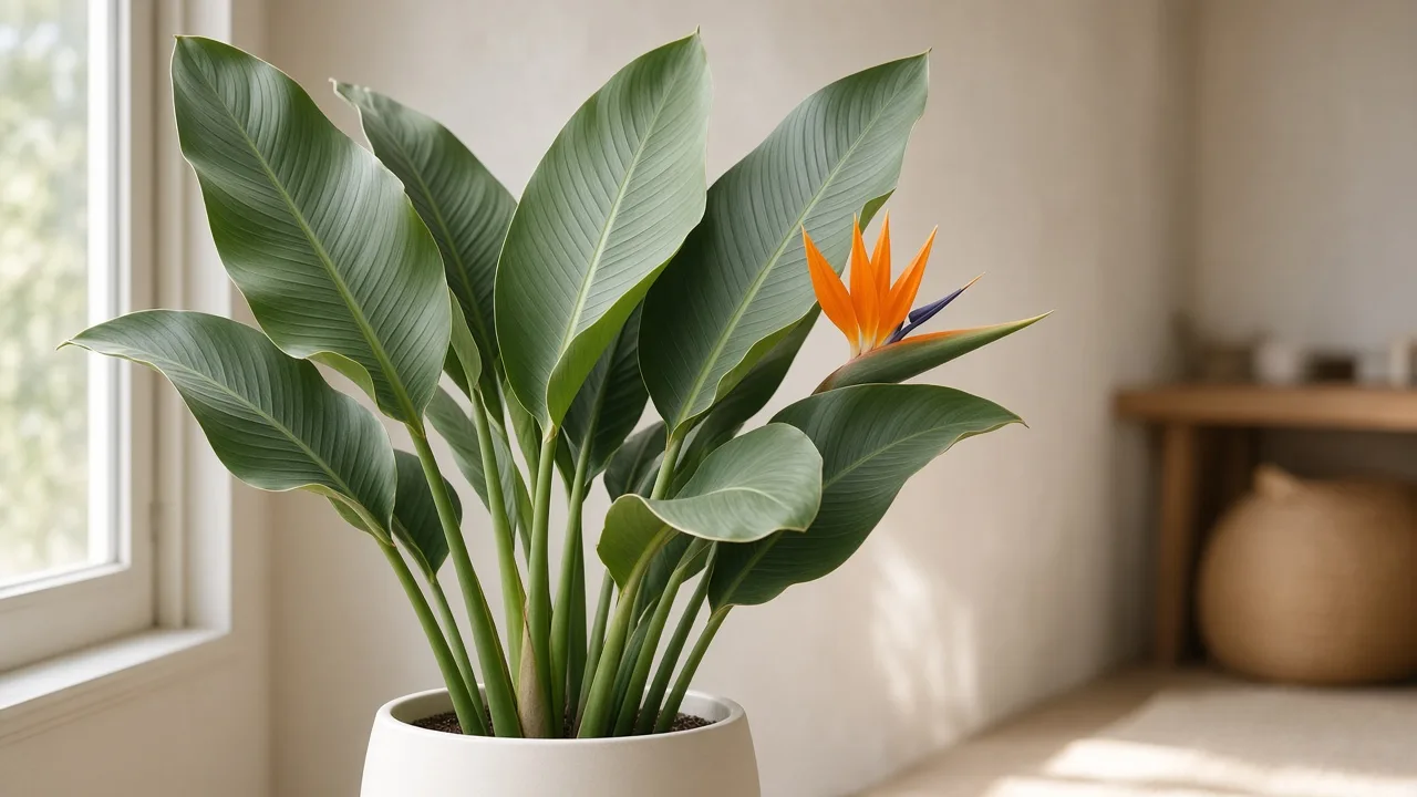 Curling leaves on Bird of Paradise — inward-rolled gray-green paddle foliage on Strelitzia reginae